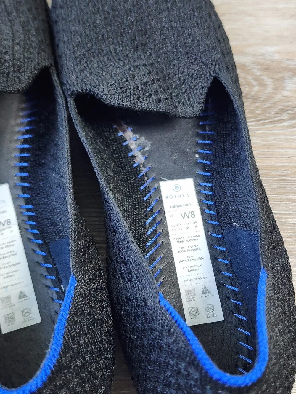 Rothy's Honeycomb Black Knit Slip-On Loafers Blue Trim Size 8